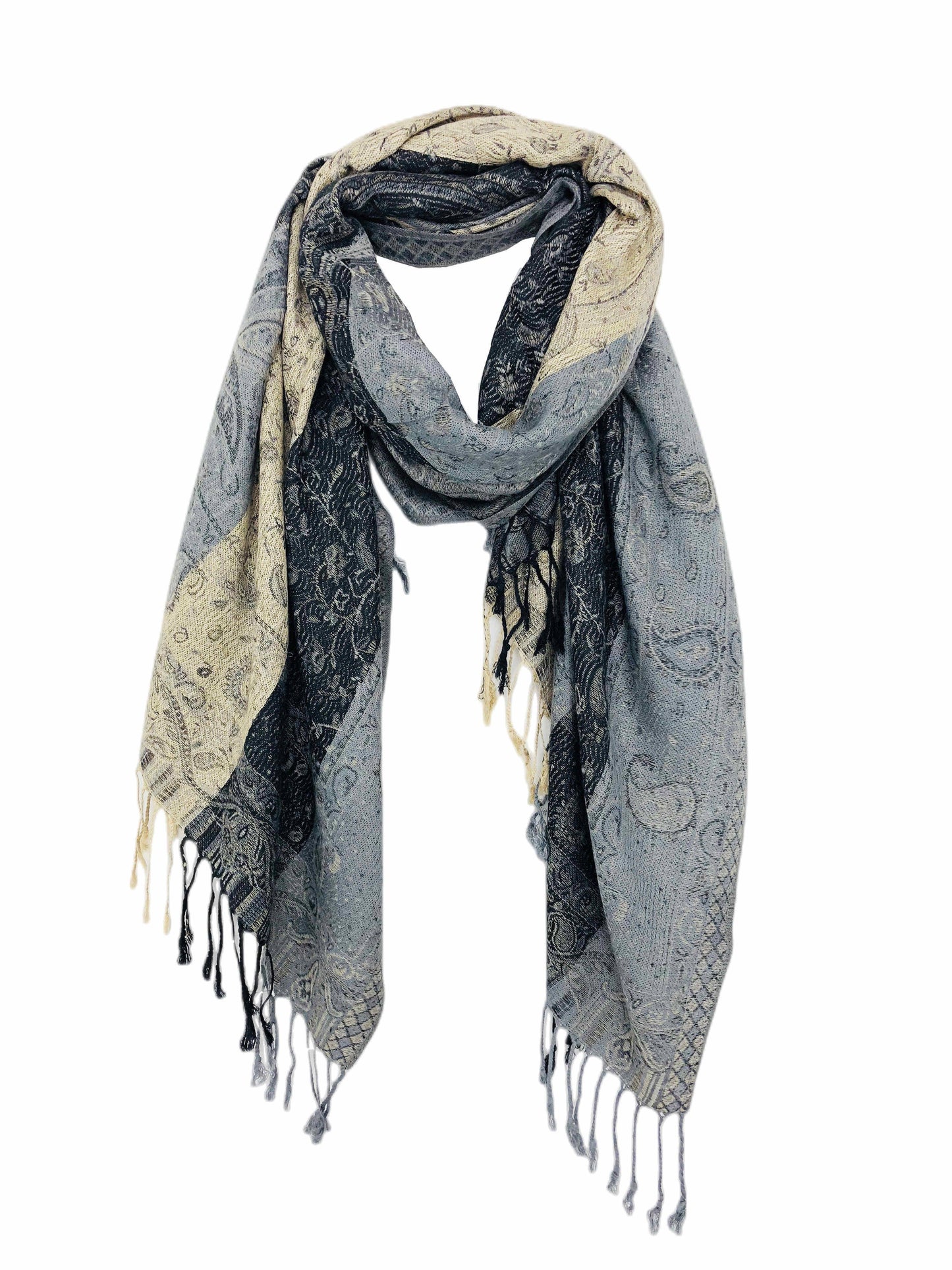 Paisley Pashmina Scarf in Grey and Black