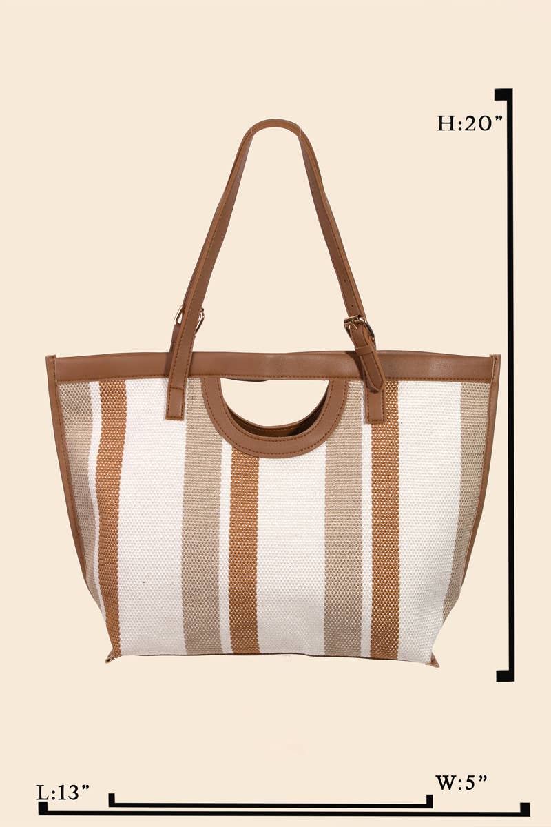 Striped Faux Leather Trim Tote Bag in Brown