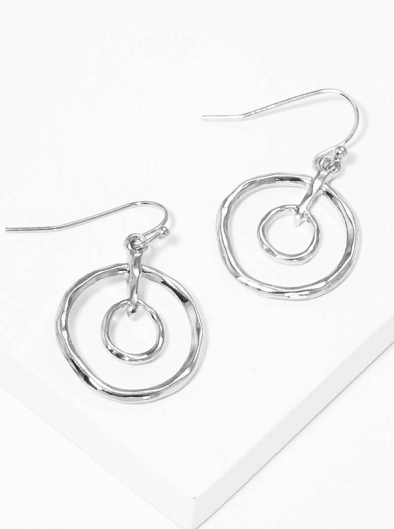 Hammered Metal Inner Double Round Drop Earrings in Silver