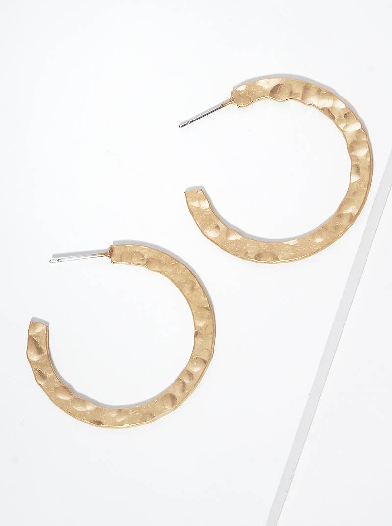 Hammered Flat Round Metal Hoop Earrings in Gold