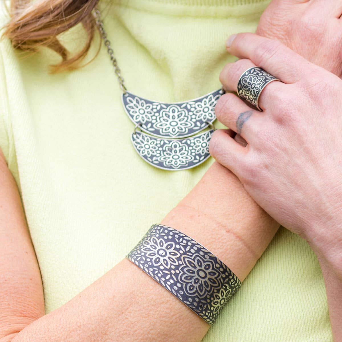 Silver Patina Bracelet - Black Floral Pattern