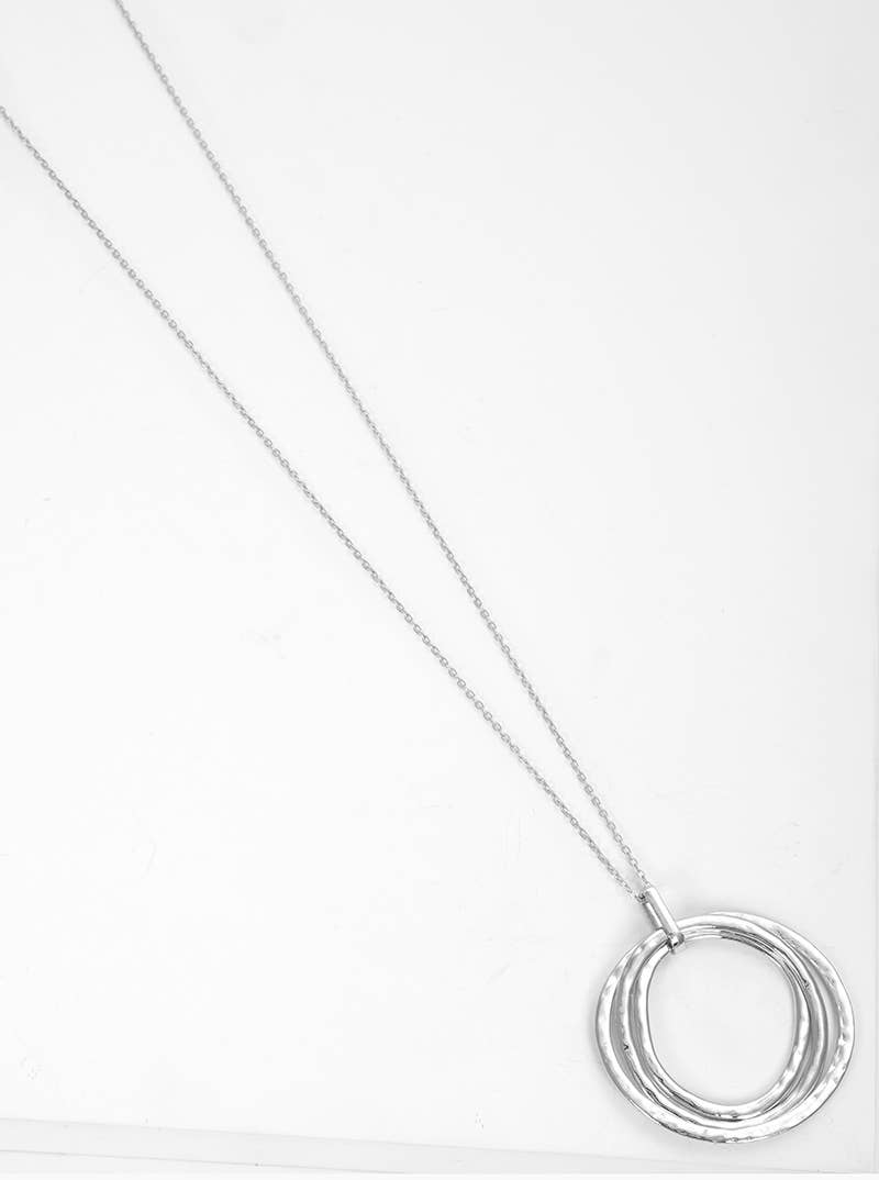 Hammered Metal Tri Circles Pendant Long Necklace in Silver