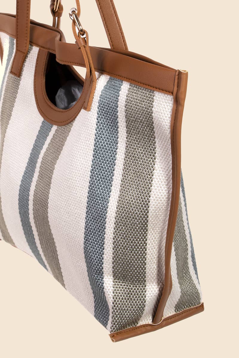 Striped Faux Leather Trim Tote Bag: MT