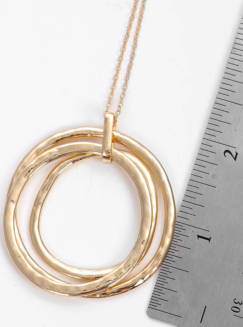 Hammered Metal Tri Circles Pendant Long Necklace in Gold