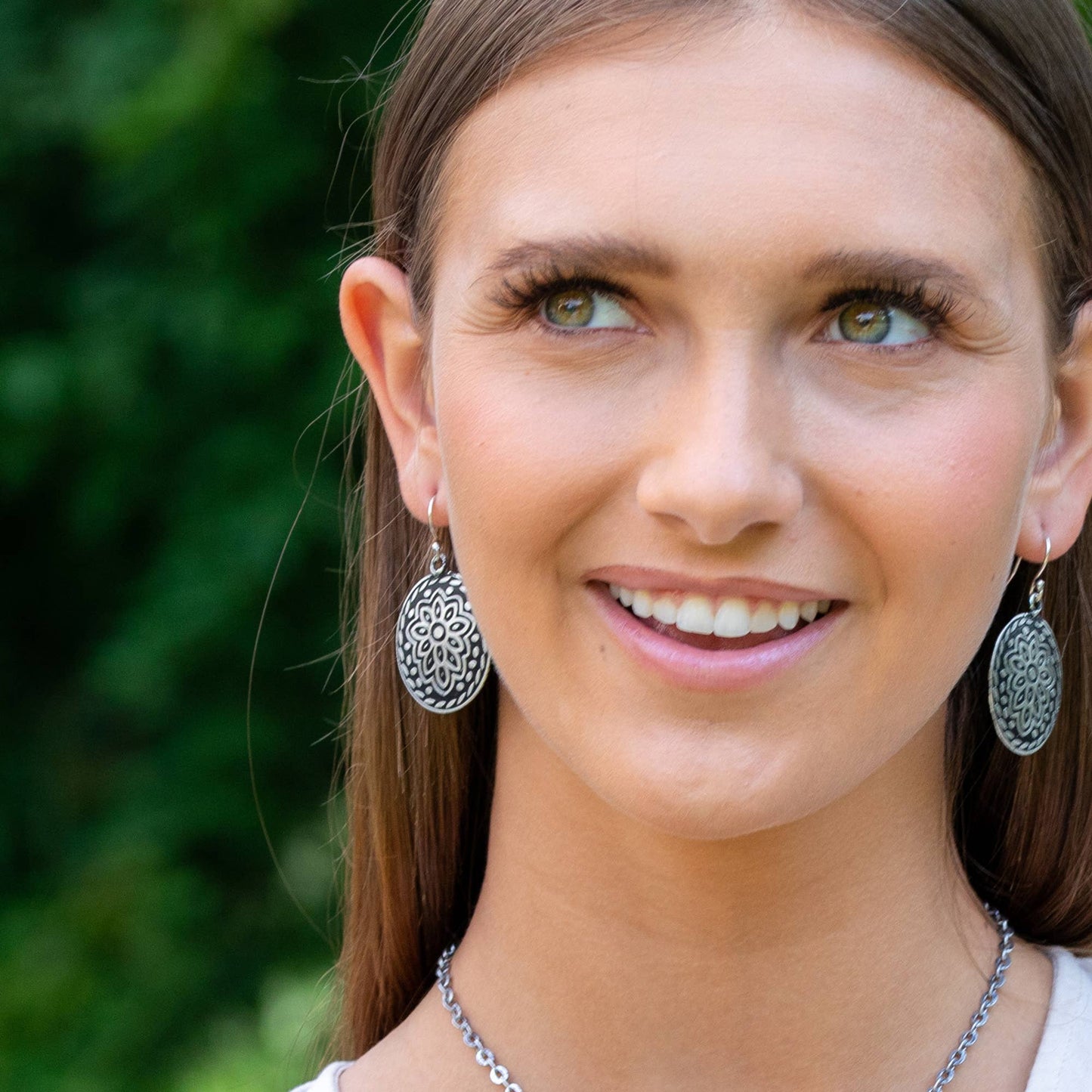 Silver Patina Earrings - Black Floral Circle