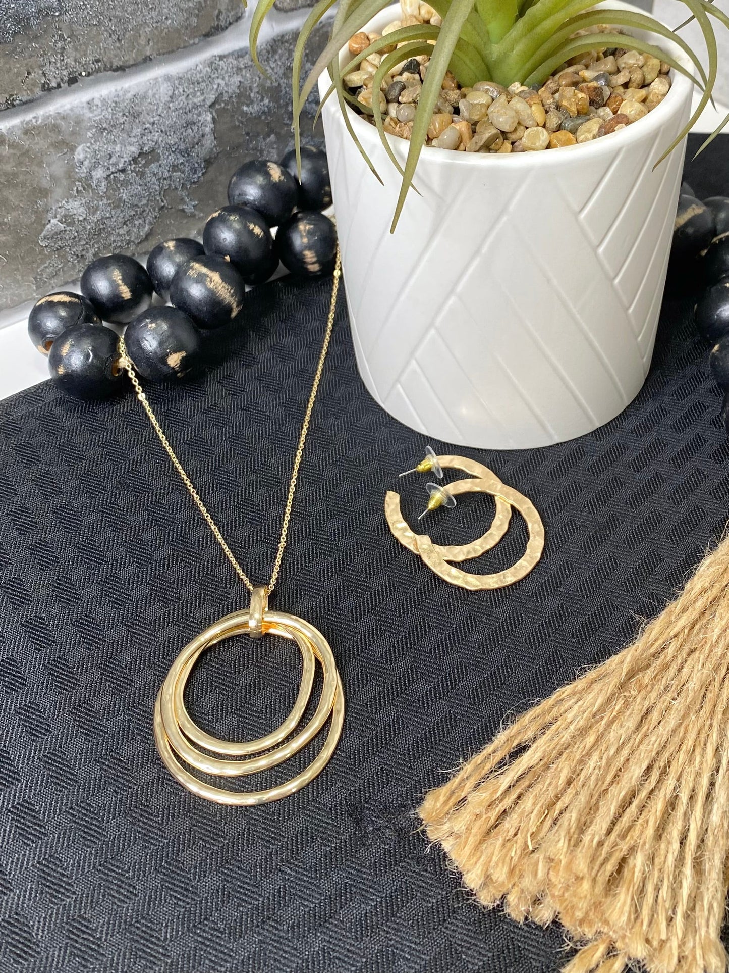 Hammered Metal Tri Circles Pendant Long Necklace in Gold