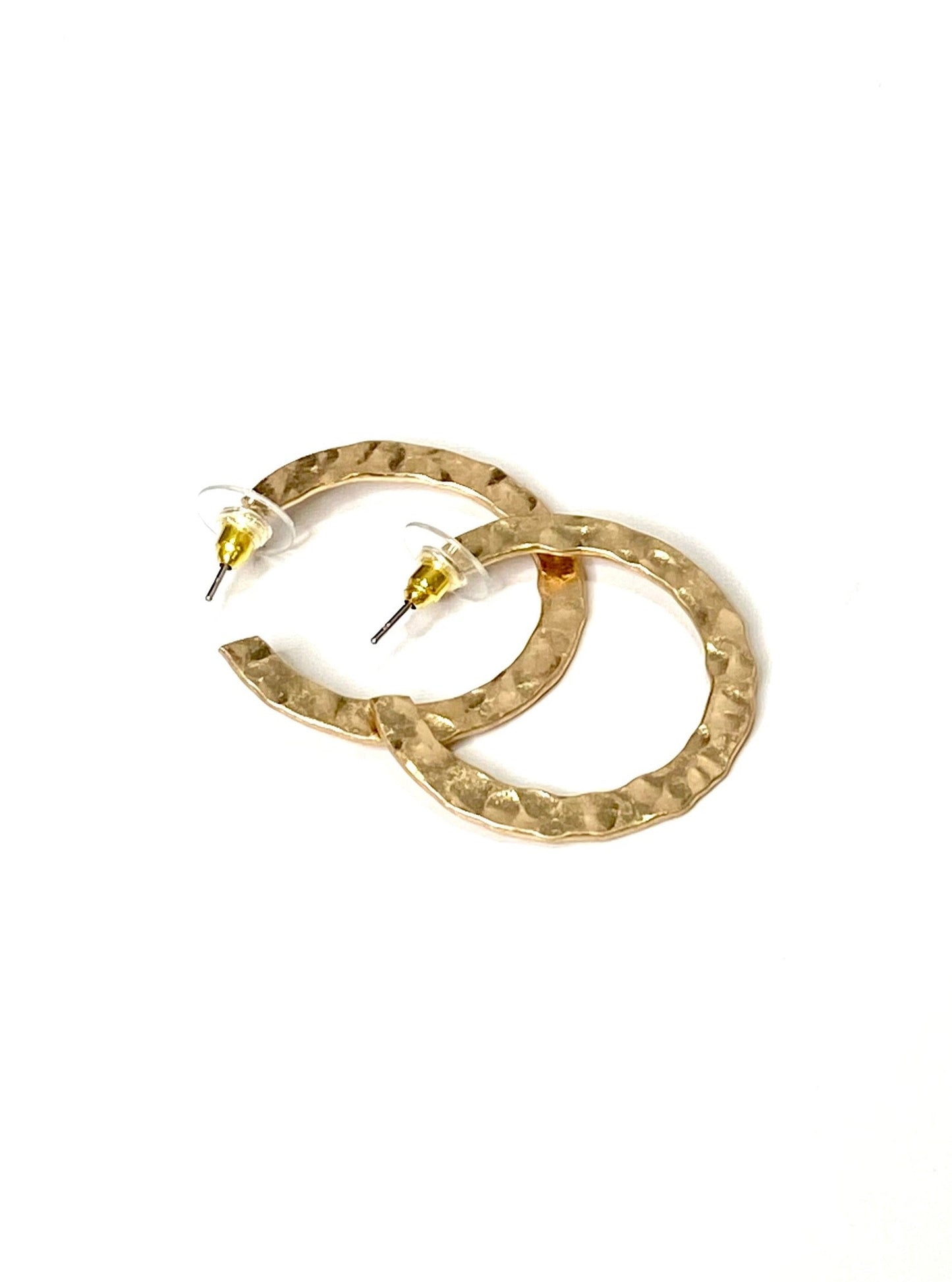 Hammered Flat Round Metal Hoop Earrings in Gold