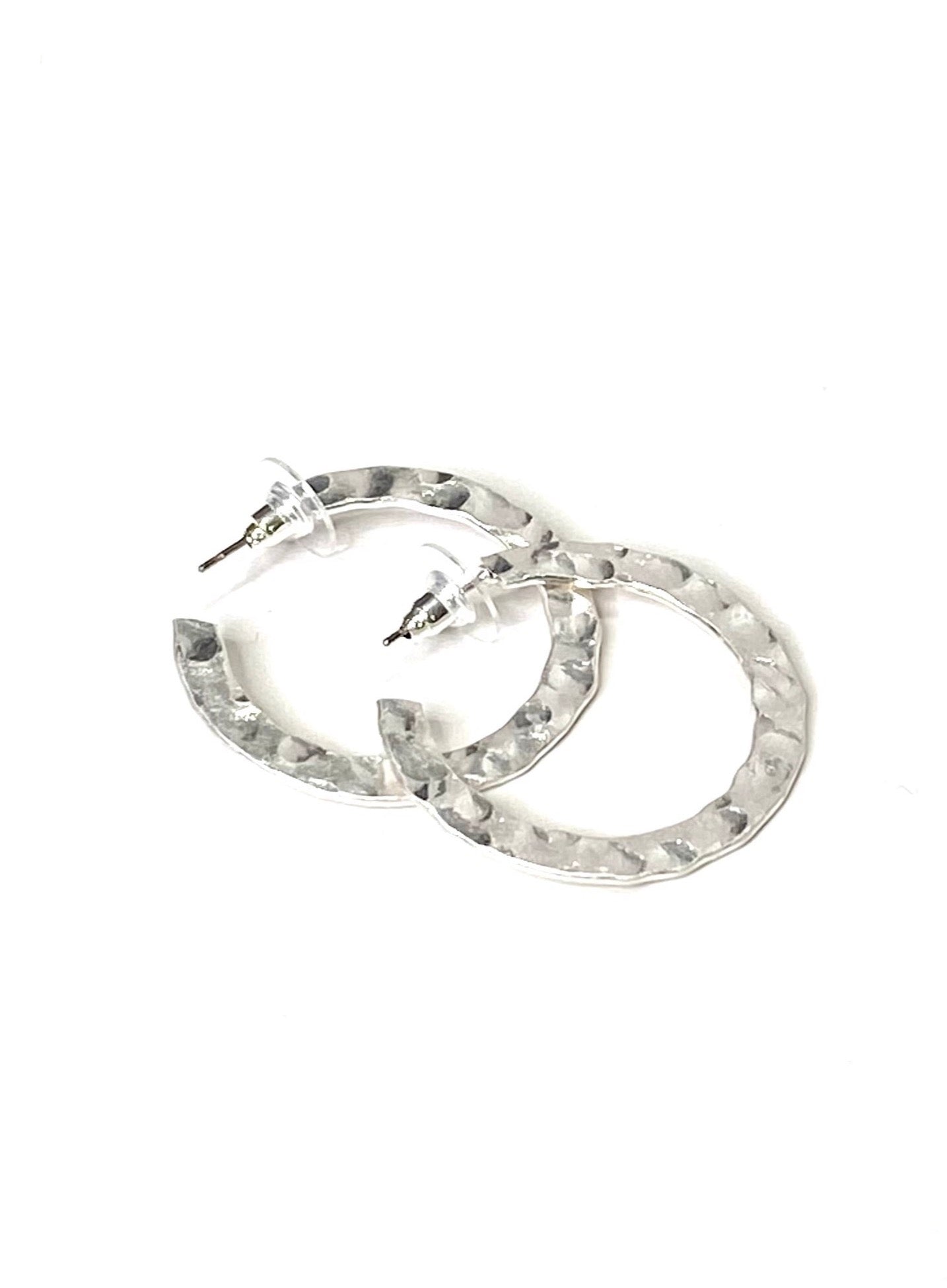 Hammered Flat Round Metal Hoop Earrings in Silver