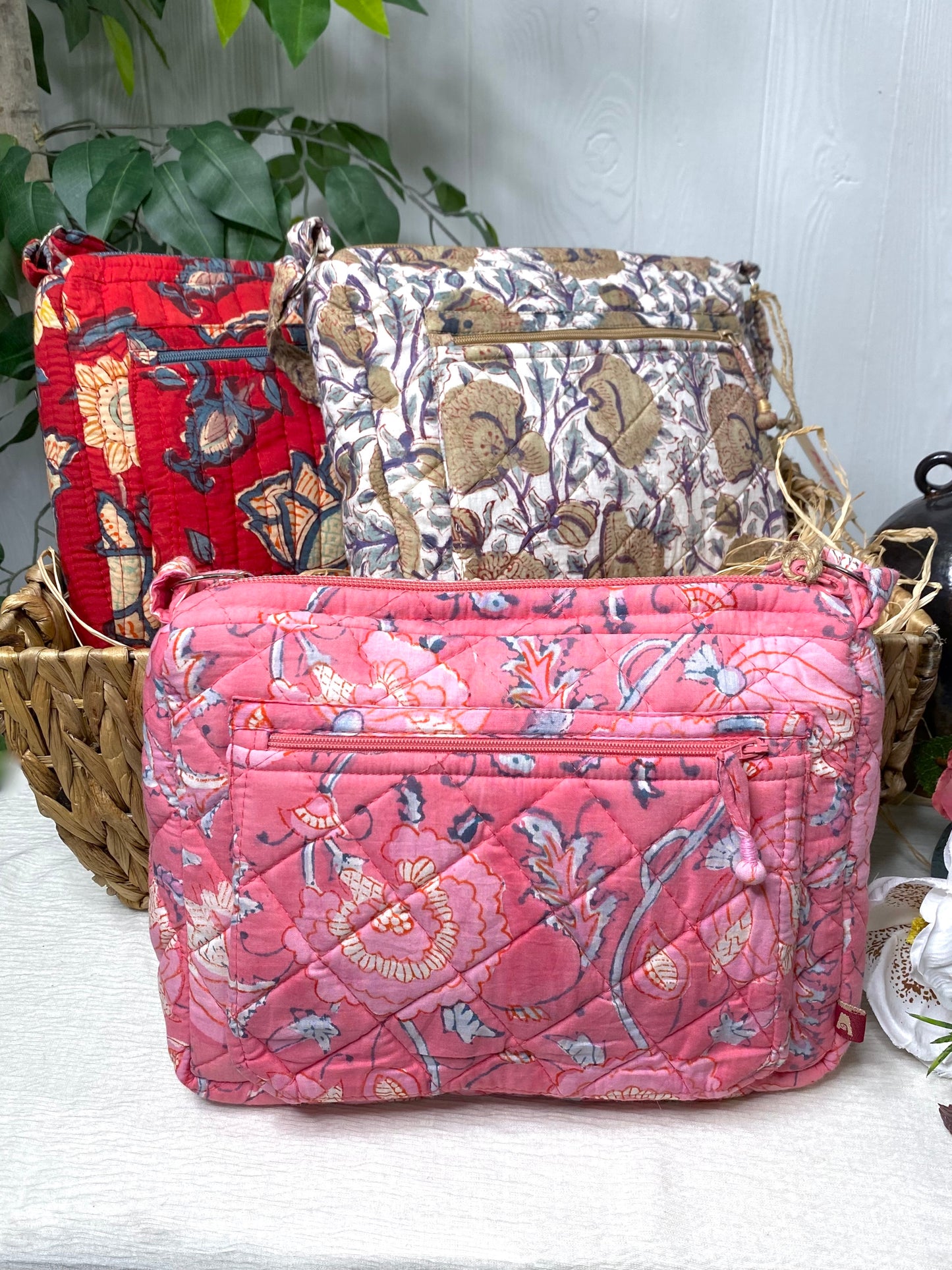 Block Printed Organic Cotton Messenger Bag - Peony Bloom