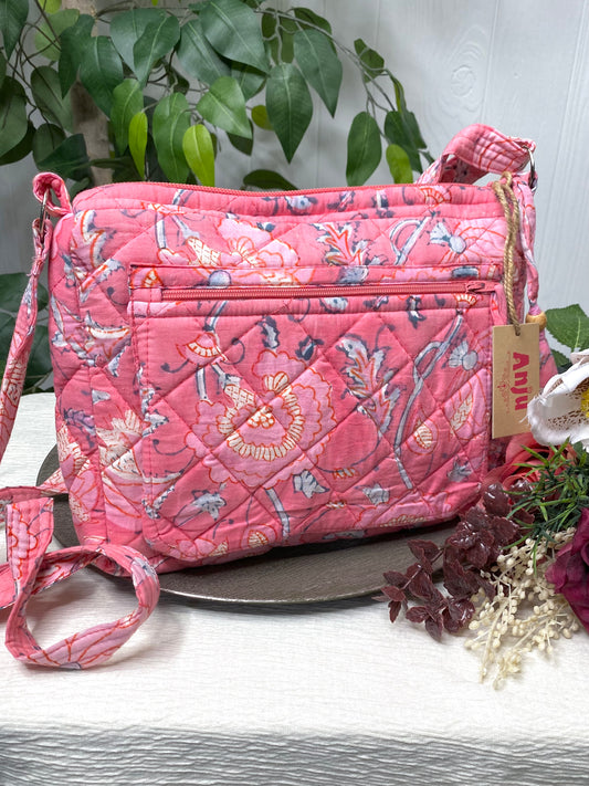 Block Printed Organic Cotton Messenger Bag - Peony Bloom