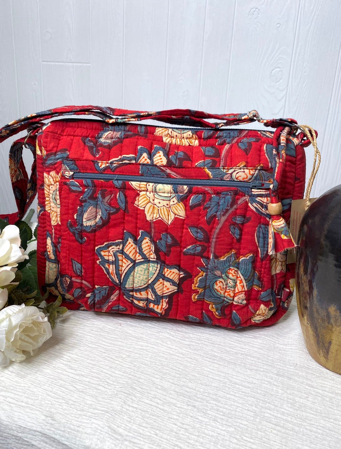 Block Printed Organic Cotton Messenger Bag - Bloomsbury