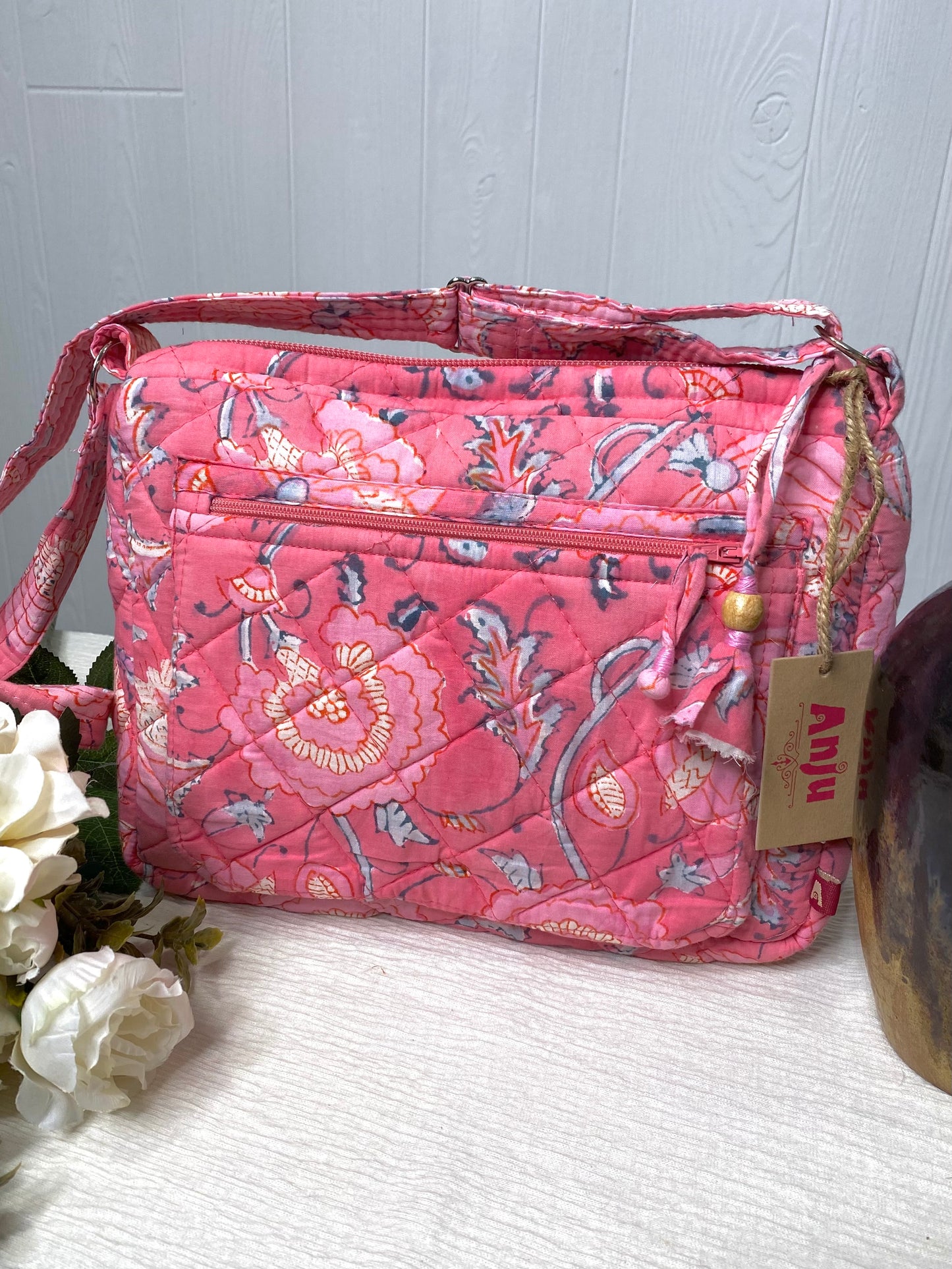 Block Printed Organic Cotton Messenger Bag - Peony Bloom