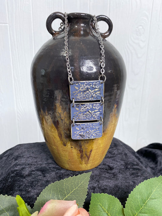 Silver Patina Necklace - Three Blue Rectangles