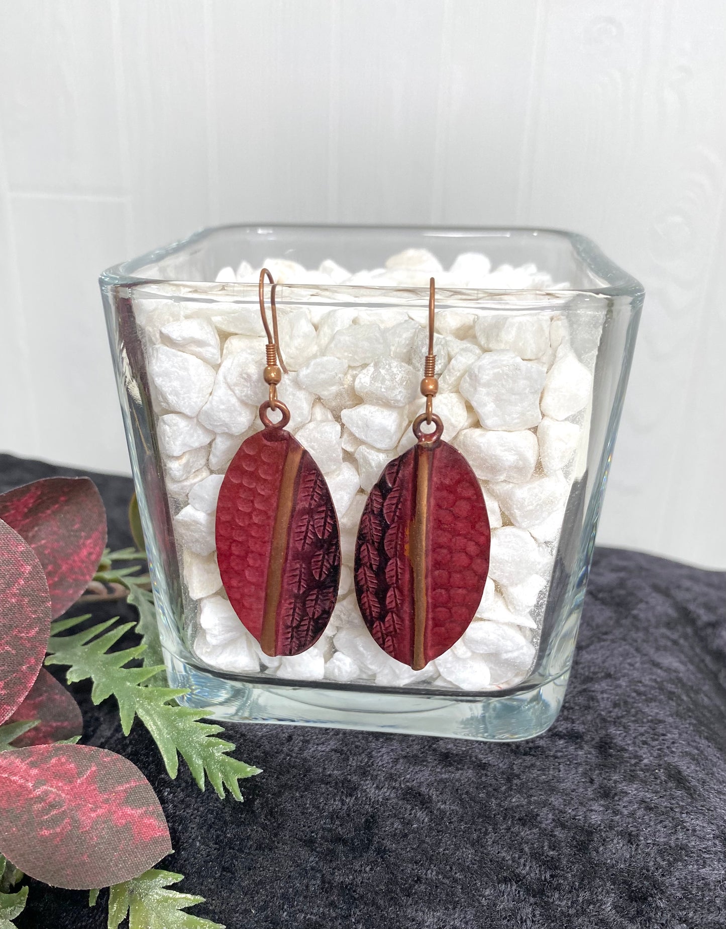 Copper Patina Earrings - Red Feathers and Circles