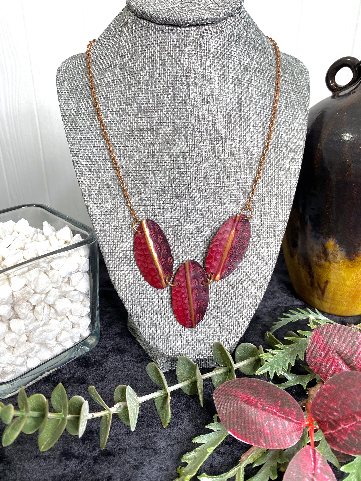 Copper Patina Necklace - Red Feathers and Circles