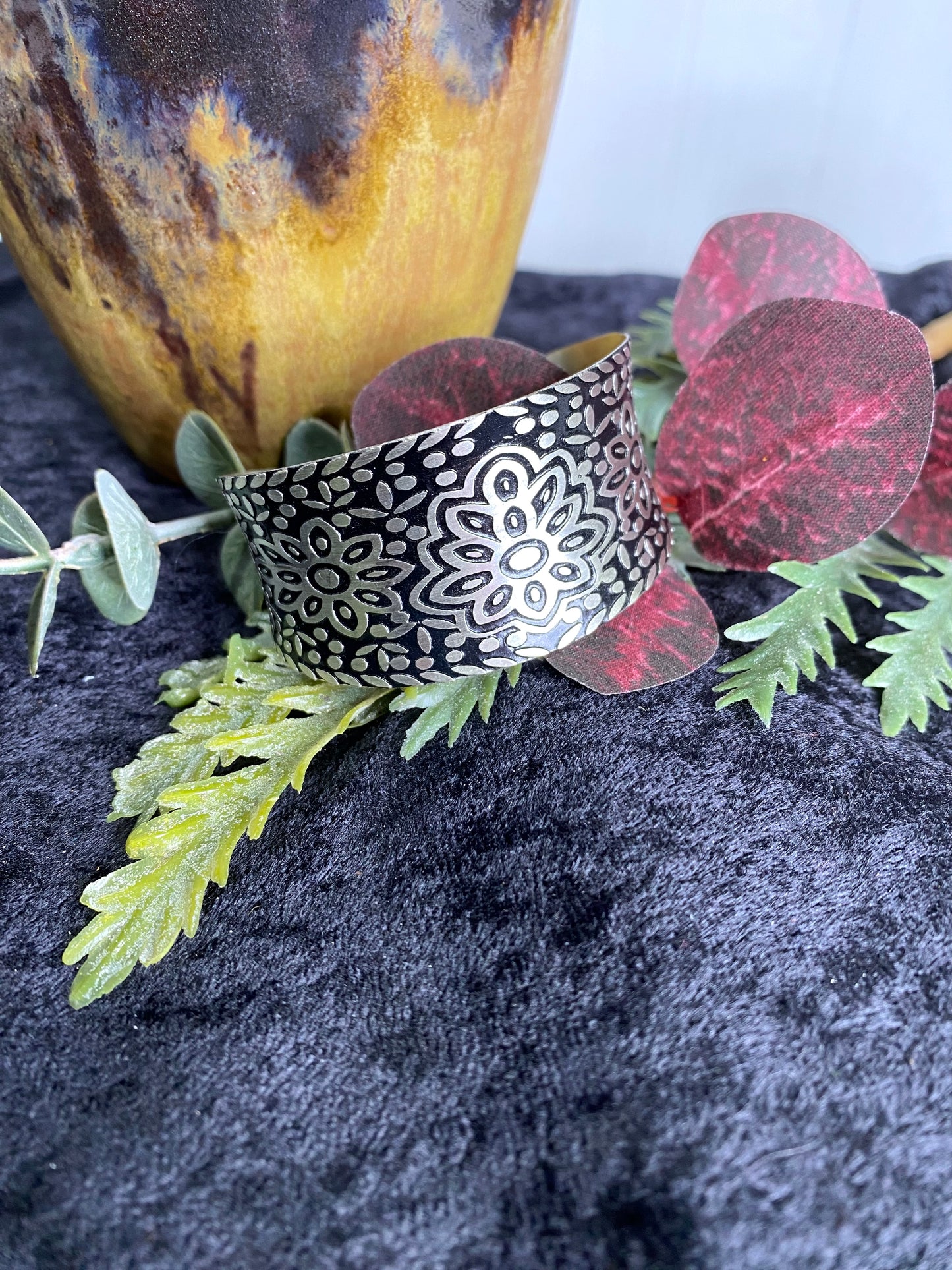 Silver Patina Bracelet - Black Floral Pattern