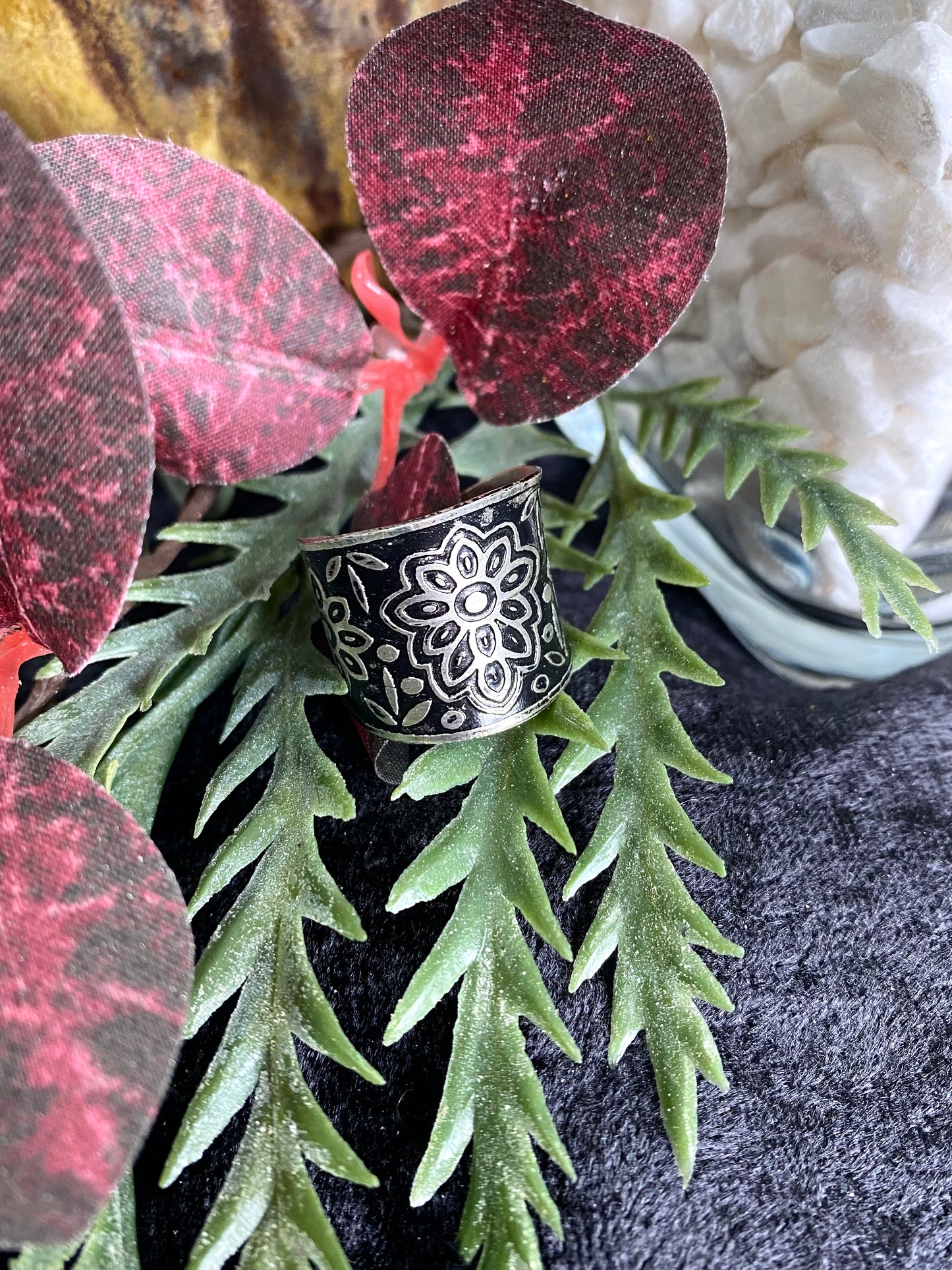 Silver Patina Ring - Black Floral Pattern