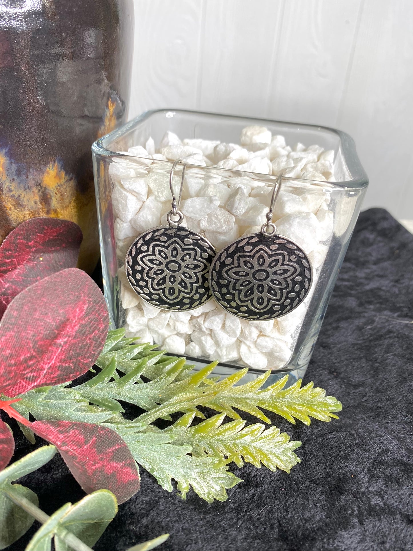 Silver Patina Earrings - Black Floral Circle