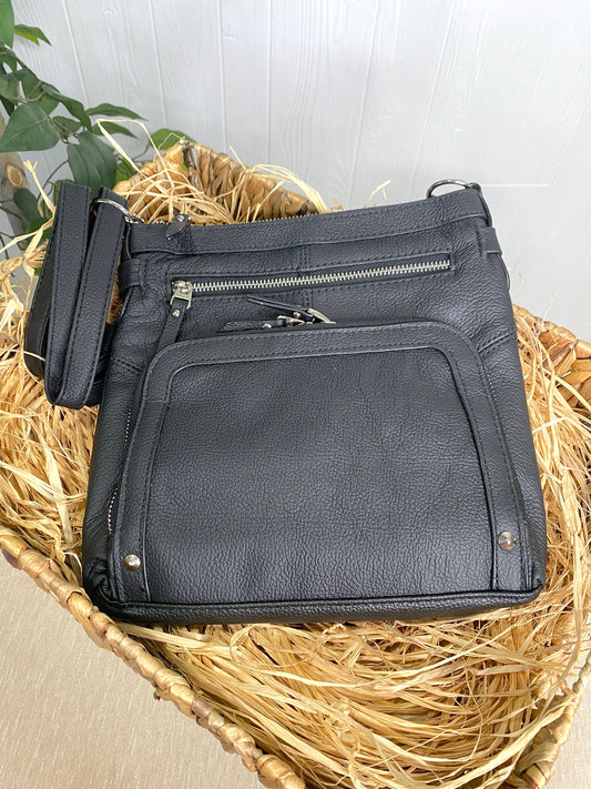 Genuine Leather Pockets Crossbody - Black