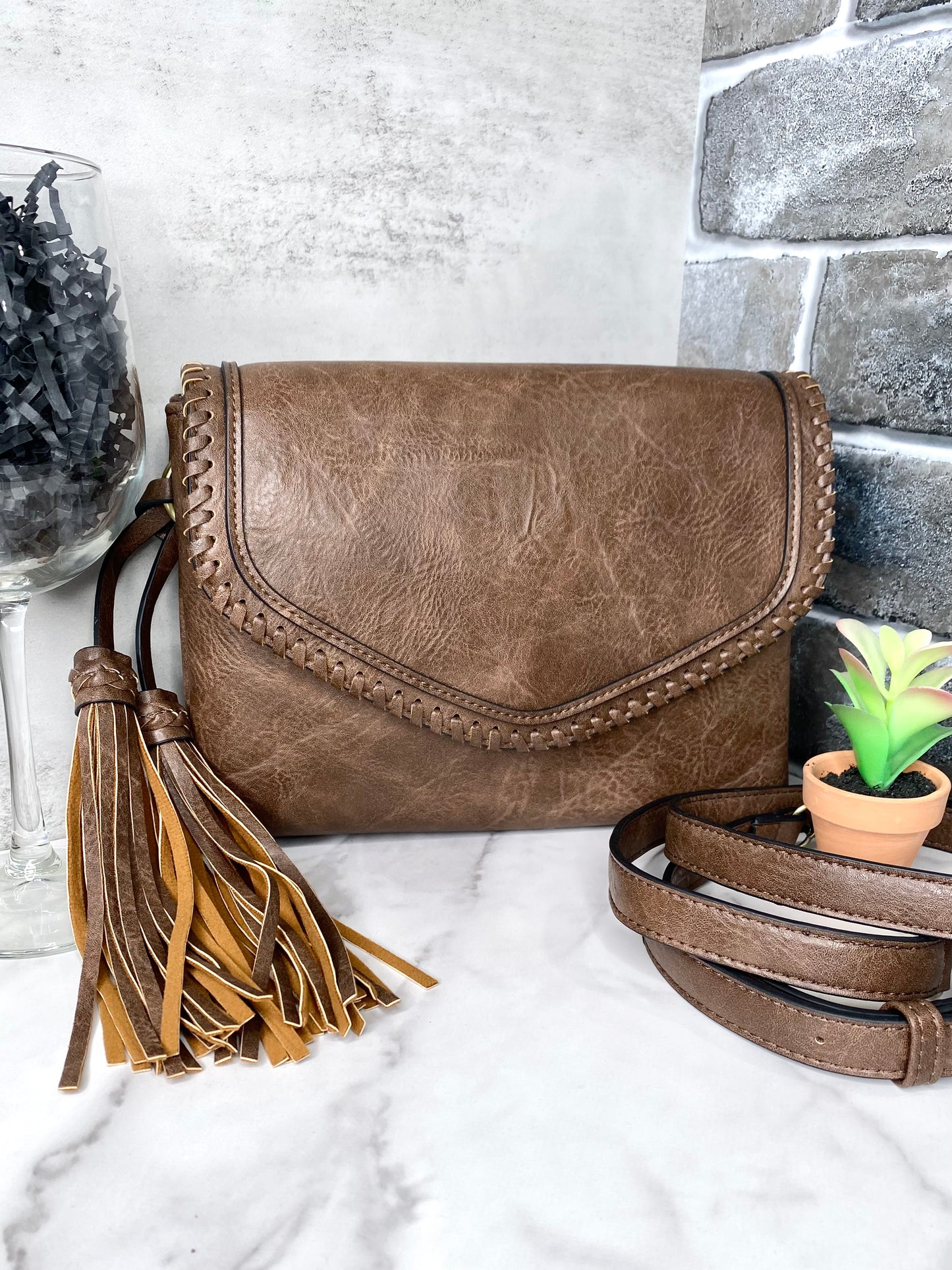 Sloane Flapover Crossbody w/ Whipstitch and Tassel: Coffee