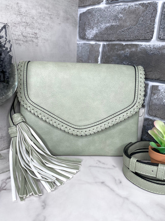 Sloane Flapover Crossbody w/ Whipstitch and Tassel: Lt. Sage