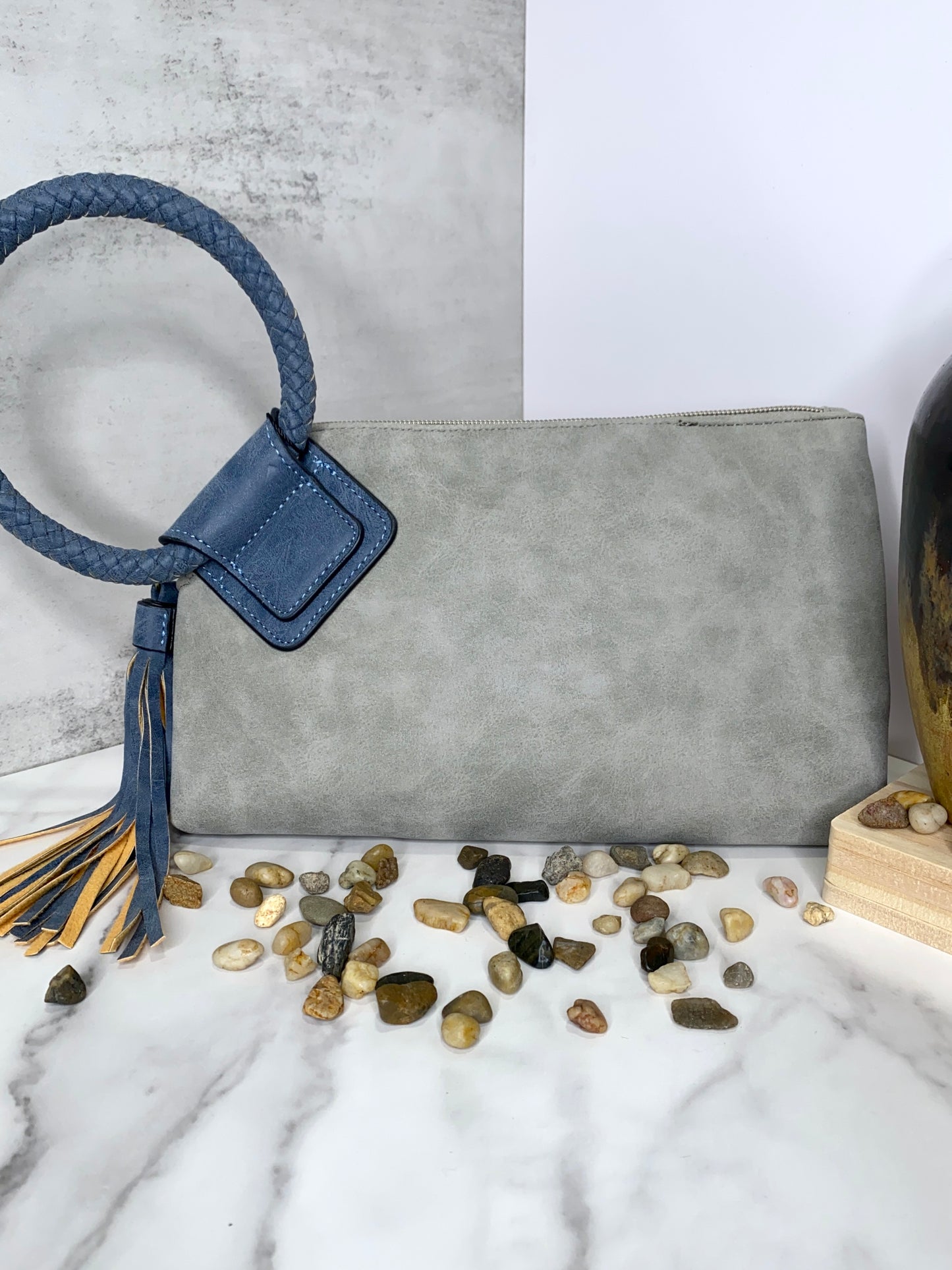 Cuff Handle Tassel Wristlet Clutch in Grey