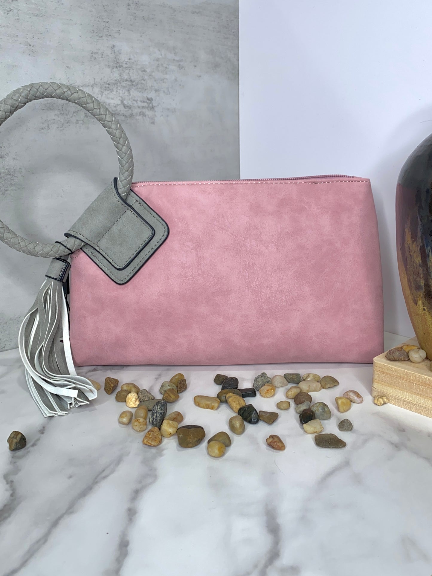 Cuff Handle Tassel Wristlet Clutch in Blush