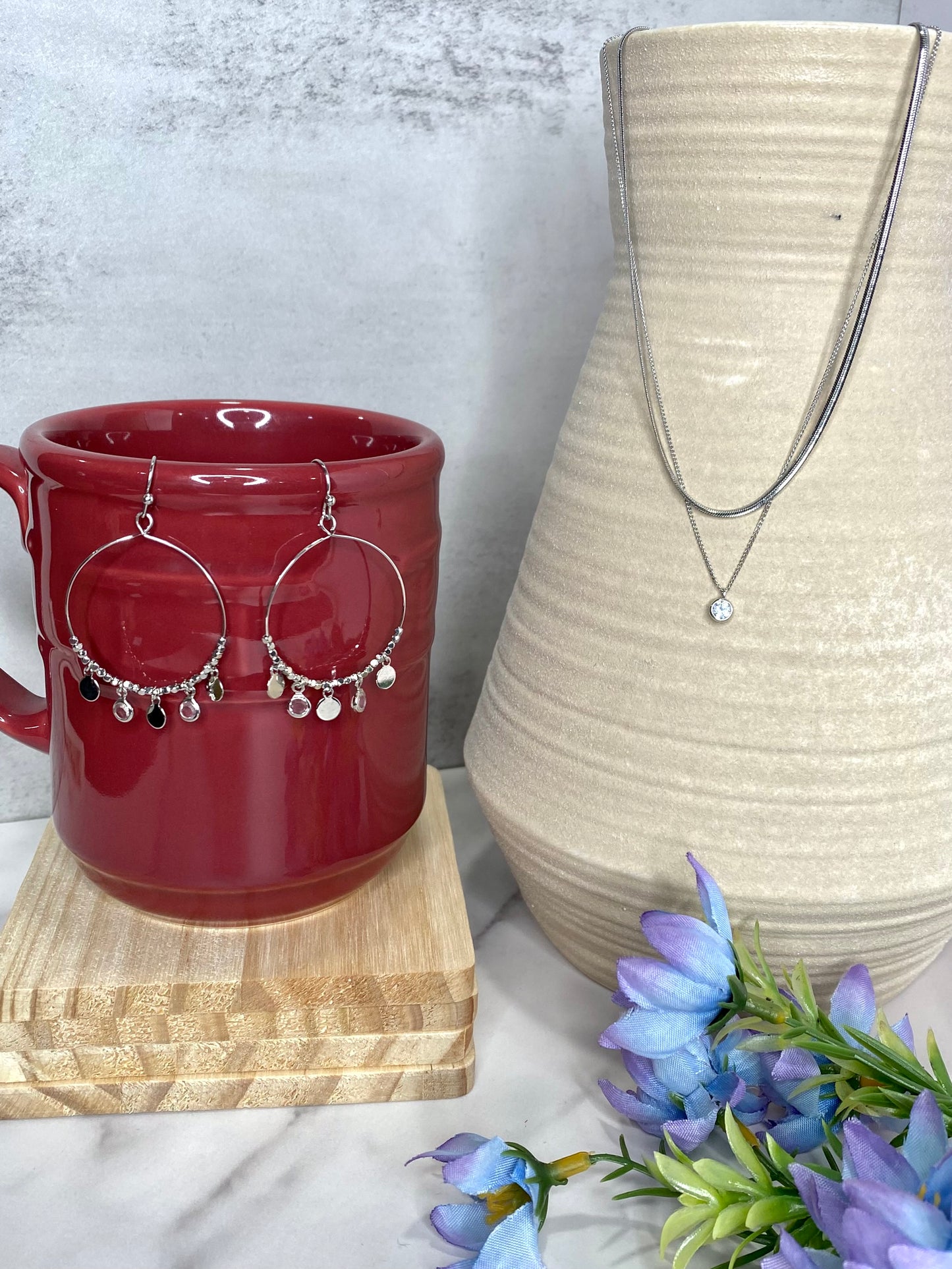 Coin And Rhinestone Charm Hoop Earrings in Silver