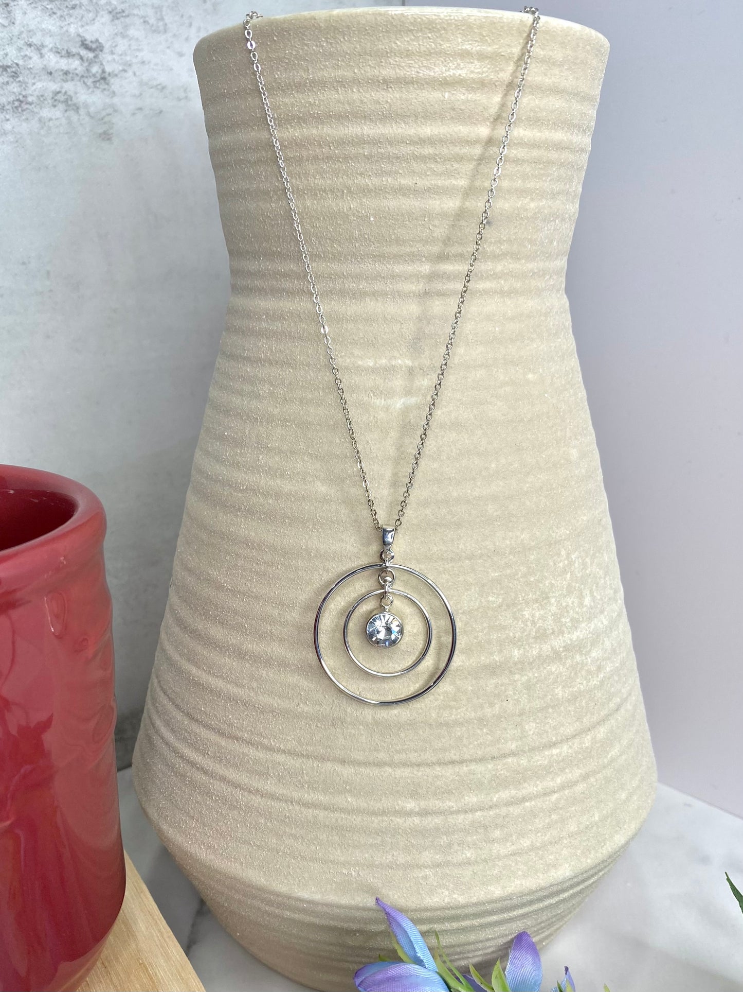 Double Circle with Stone Necklace in Silver