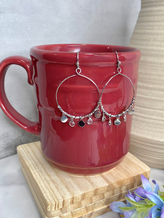 Coin And Rhinestone Charm Hoop Earrings in Silver