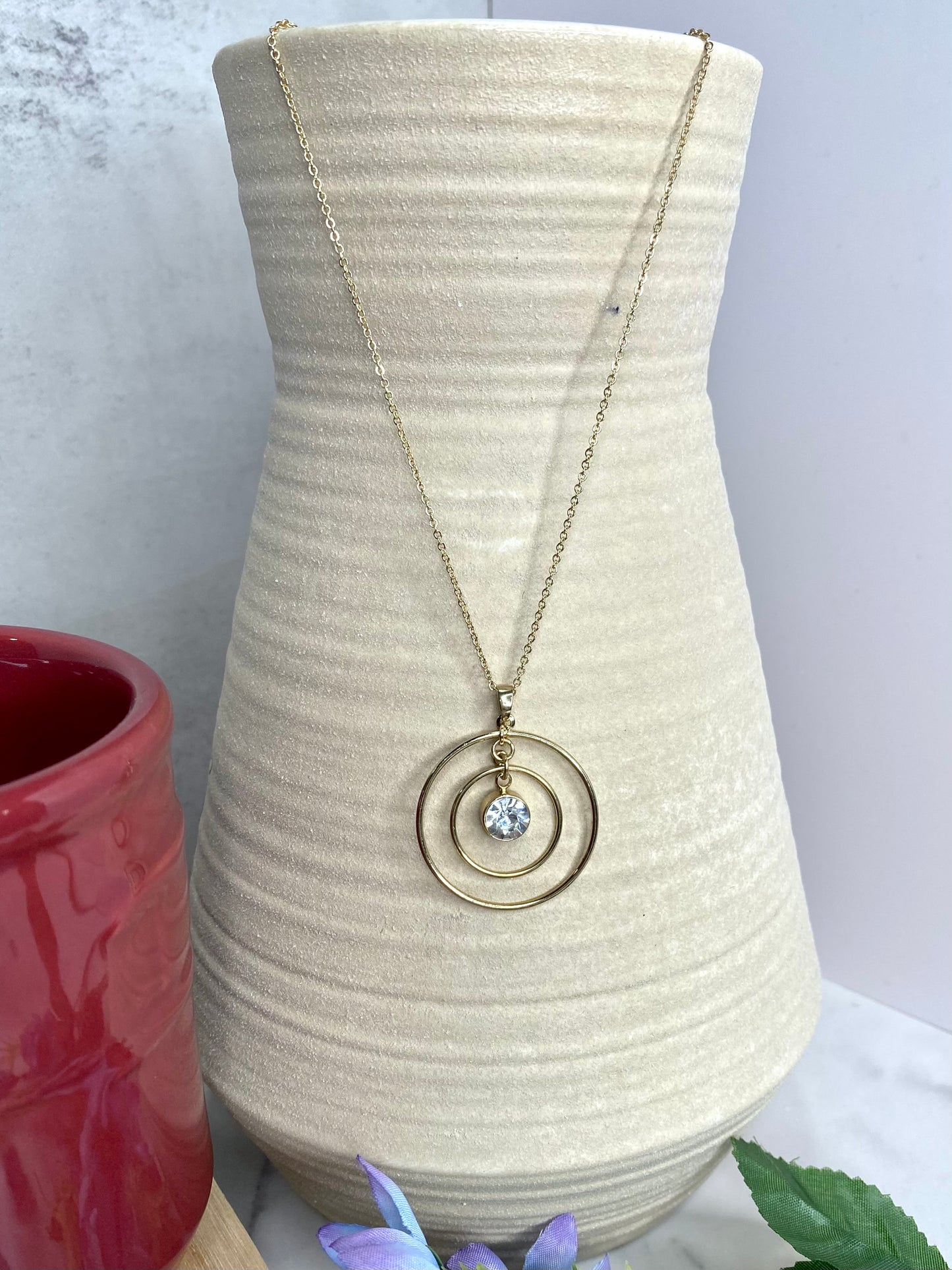 Double Circle with Stone Necklace in Gold