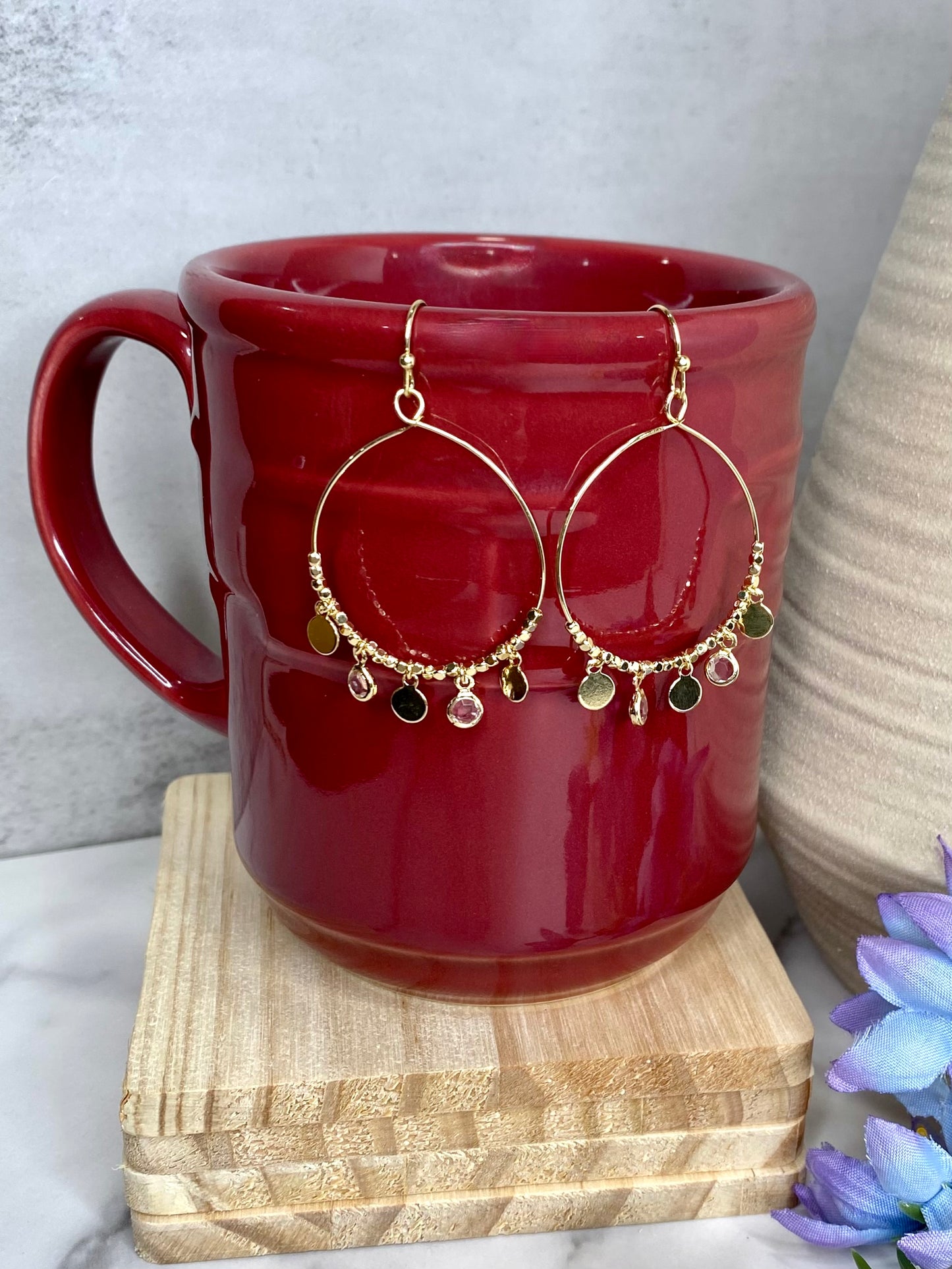 Coin And Rhinestone Charm Hoop Earrings in Gold