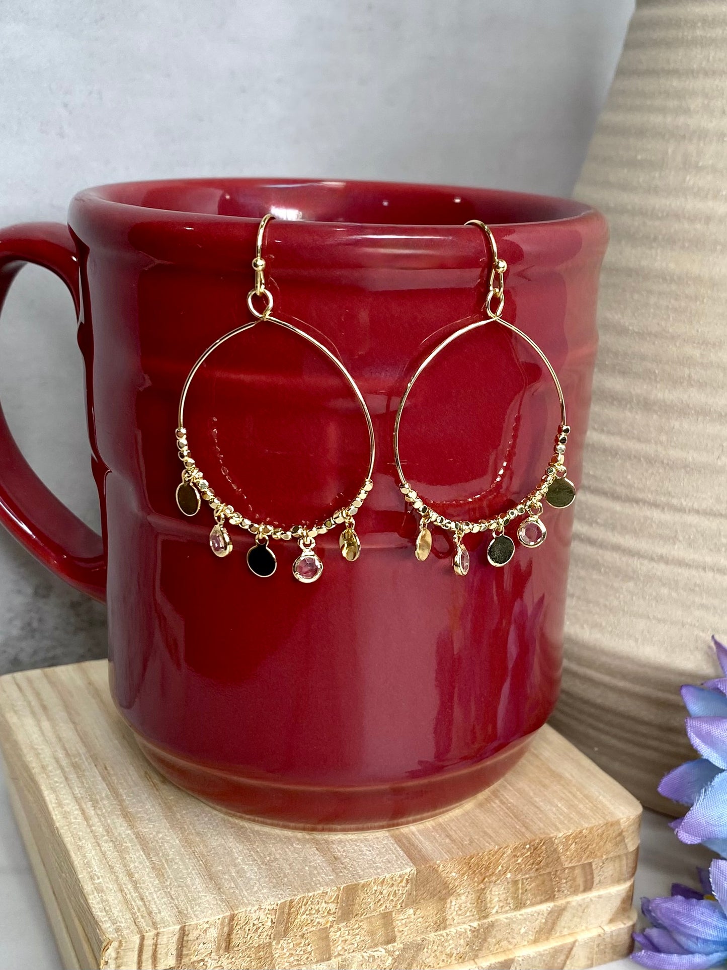 Coin And Rhinestone Charm Hoop Earrings in Gold