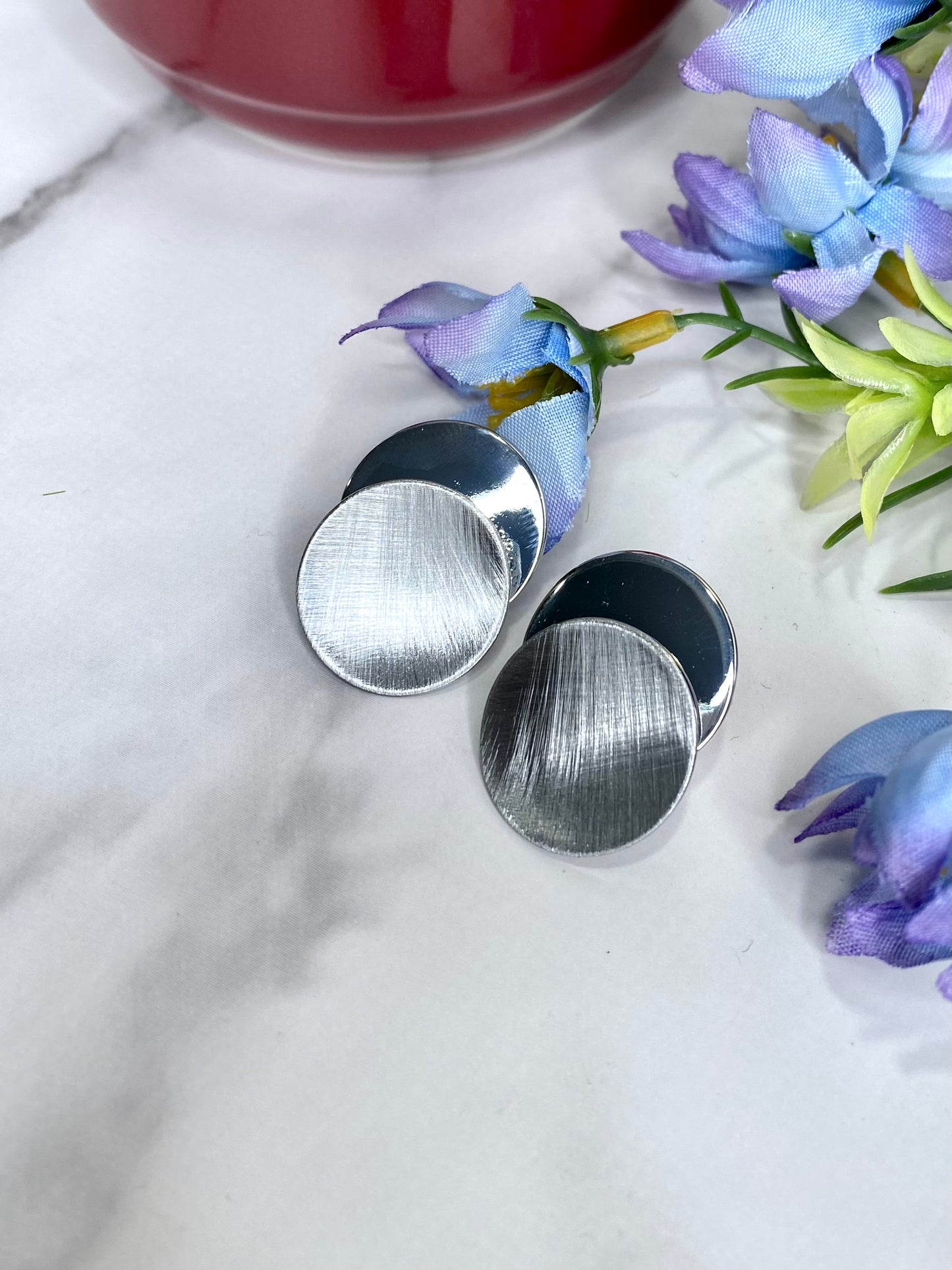 Brushed And Polished Disc Stud Earrings in Silver