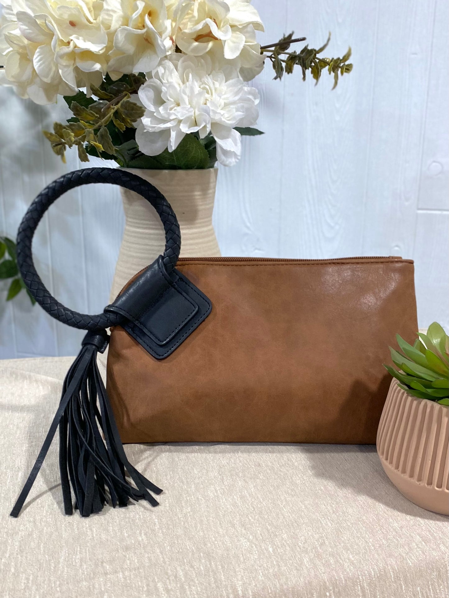 Cuff Handle Tassel Wristlet Clutch in Tan