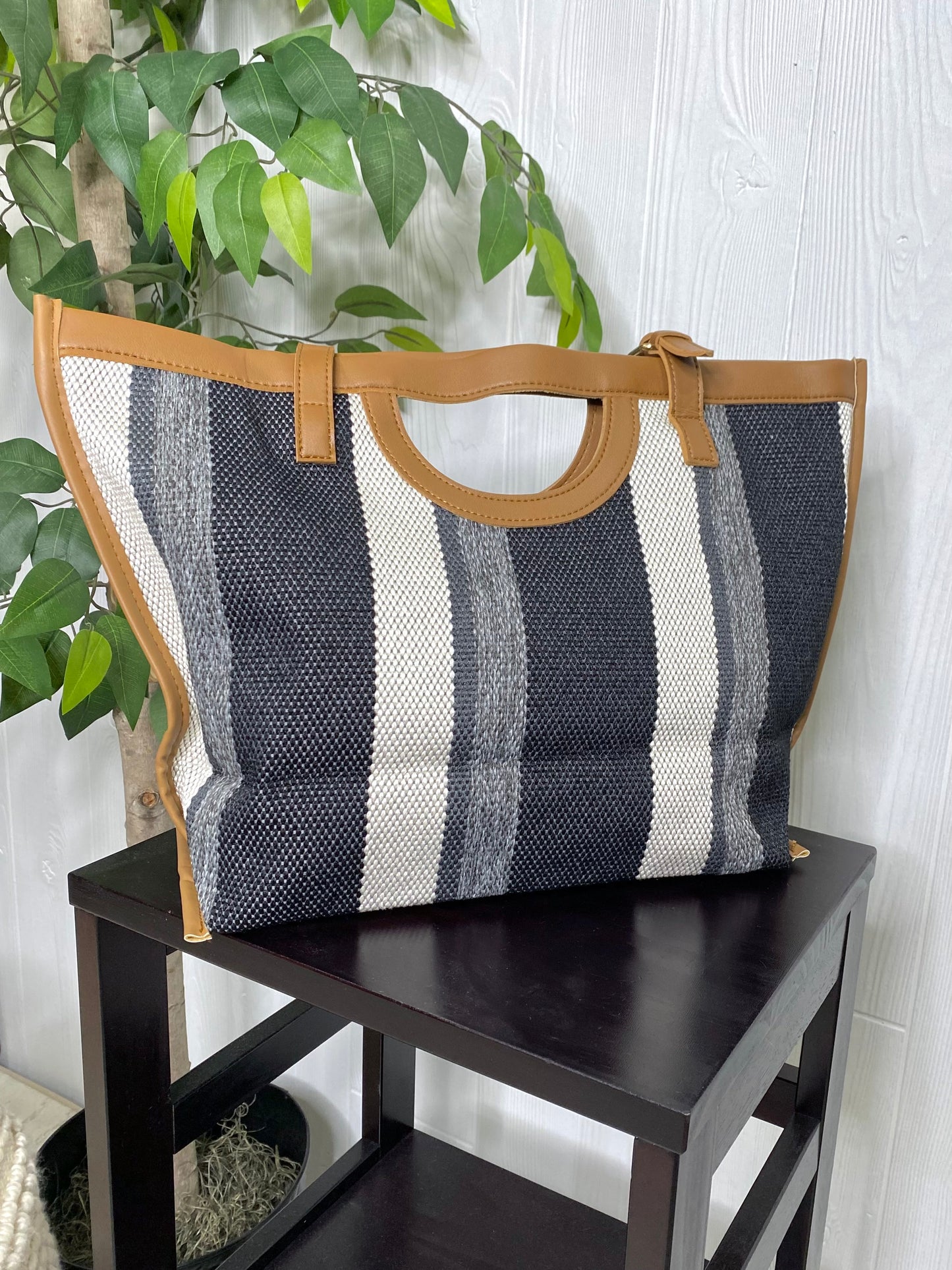 Striped Faux Leather Trim Tote Bag in Black