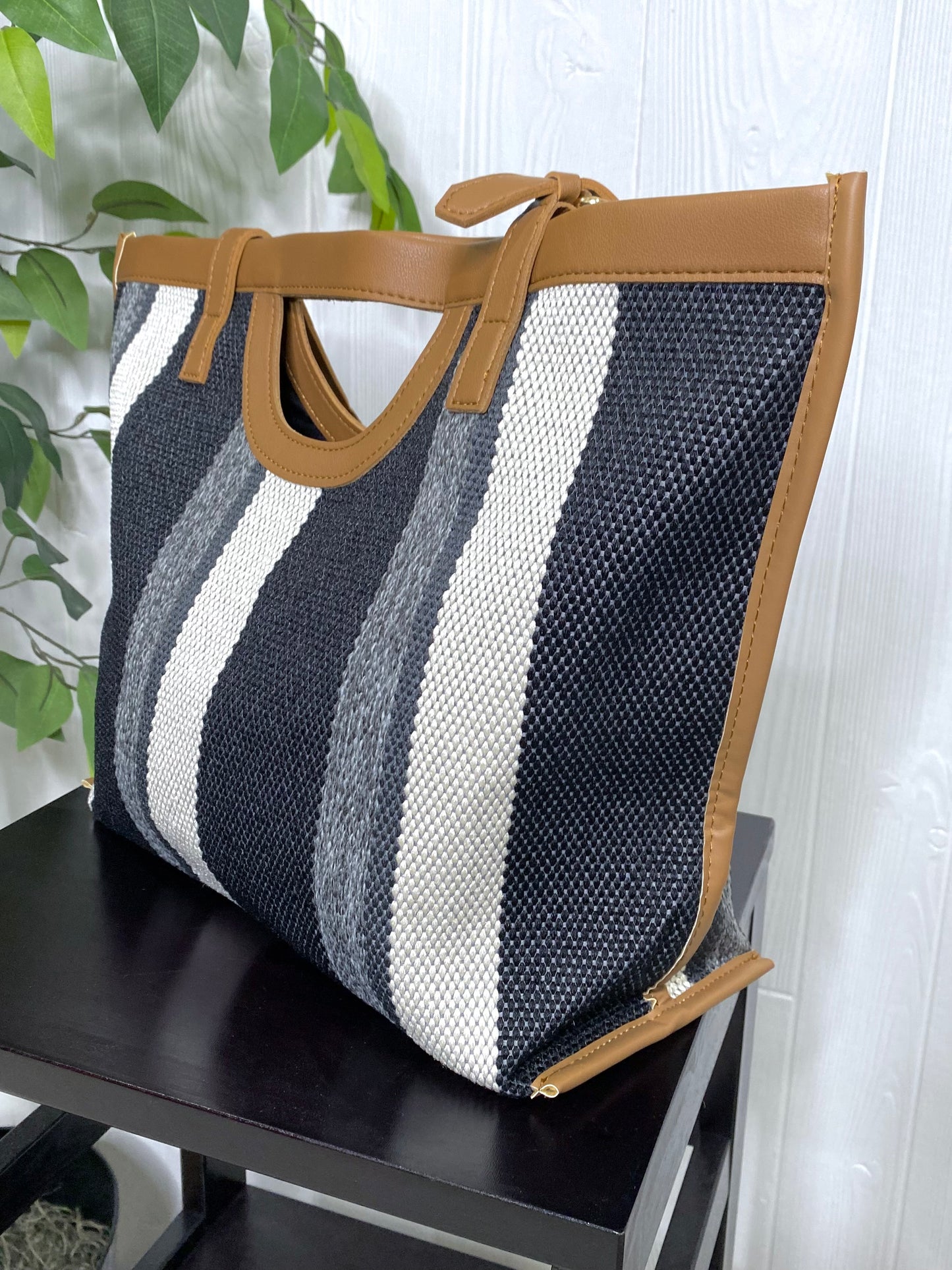 Striped Faux Leather Trim Tote Bag in Black