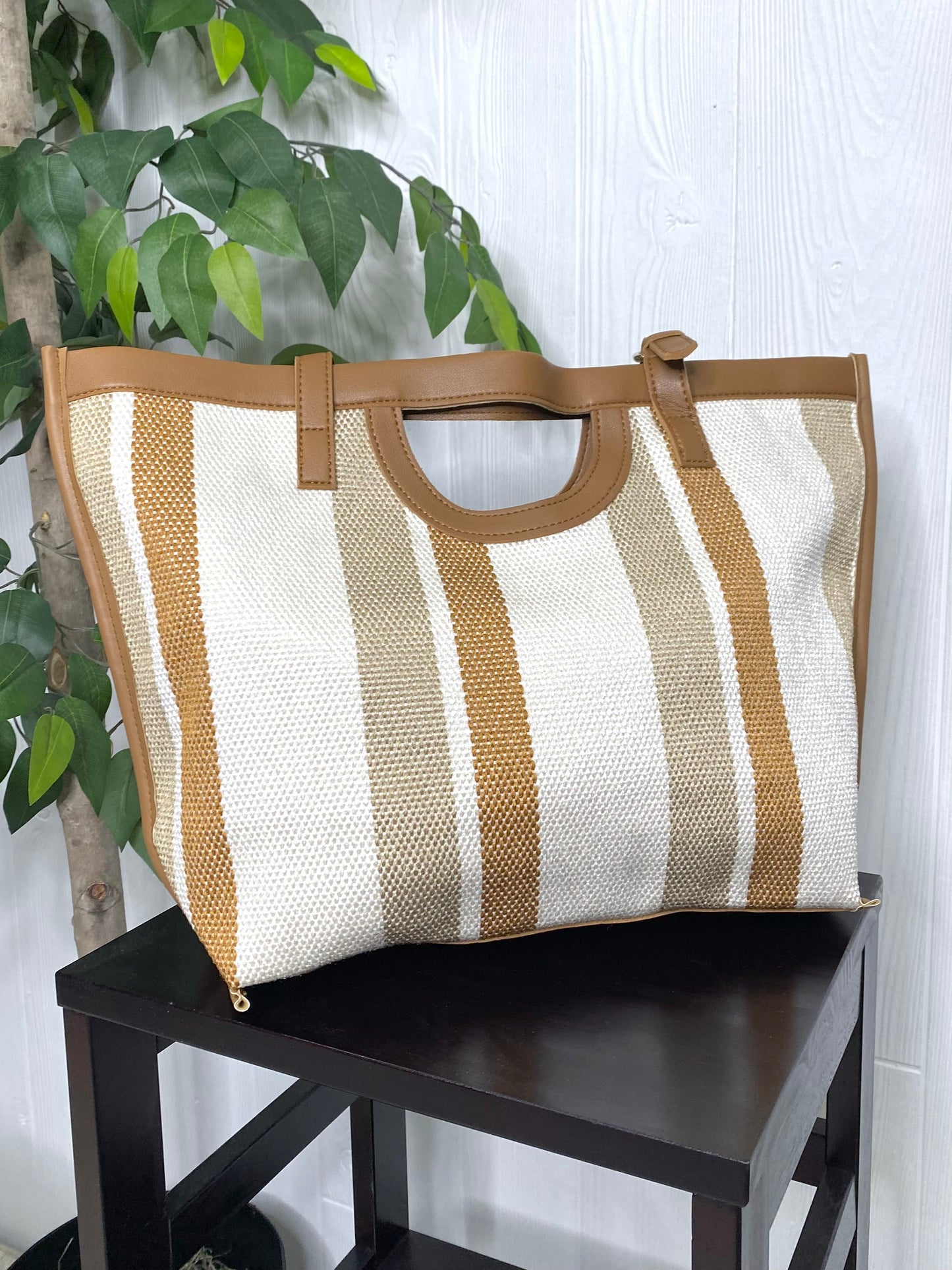 Striped Faux Leather Trim Tote Bag in Brown