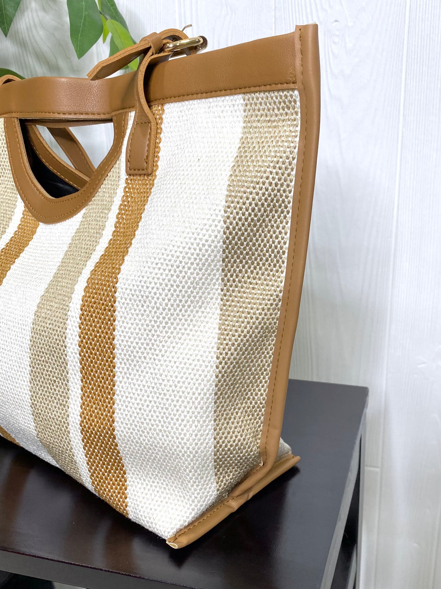 Striped Faux Leather Trim Tote Bag in Brown