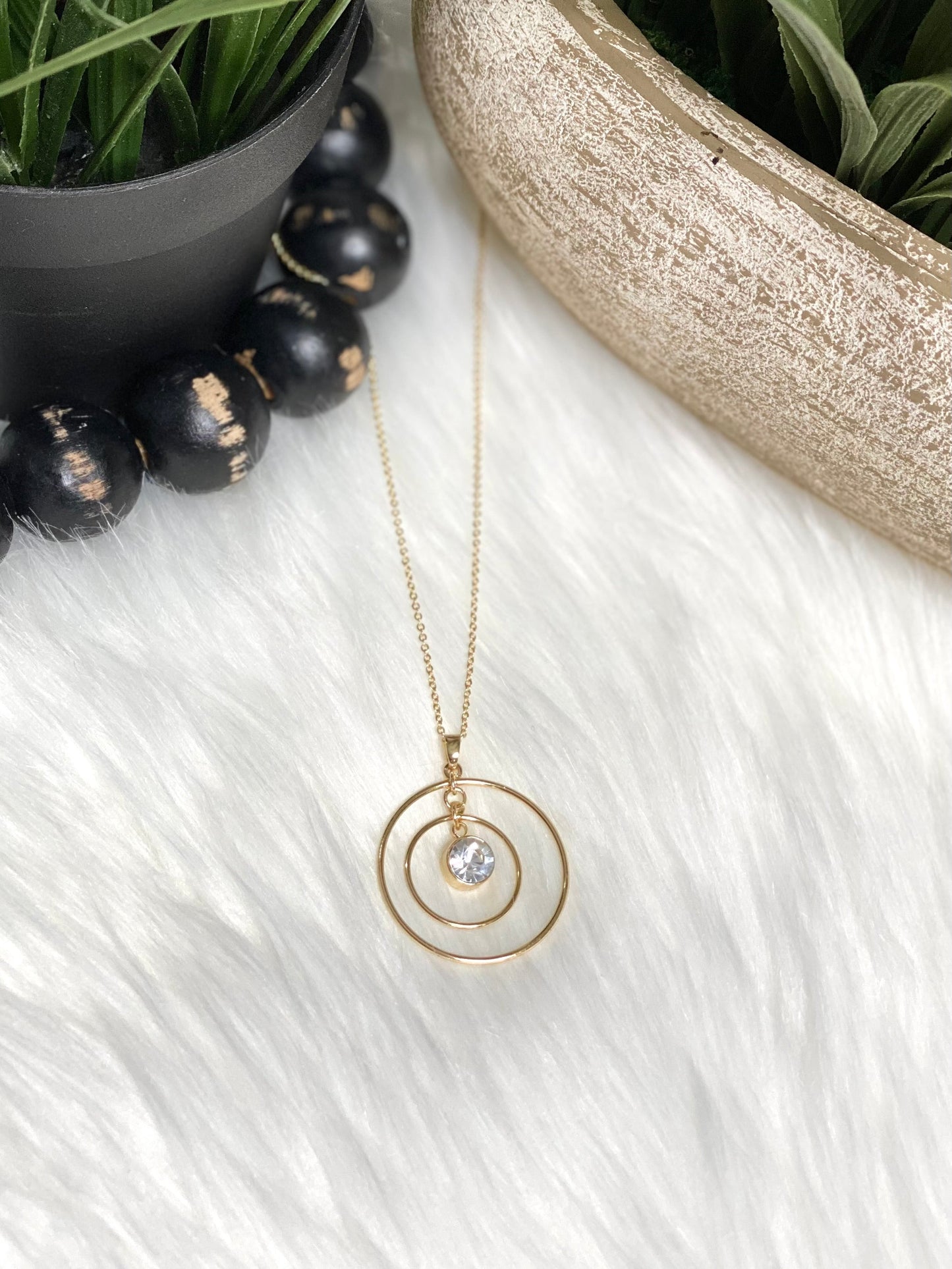 Double Circle with Stone Necklace in Gold