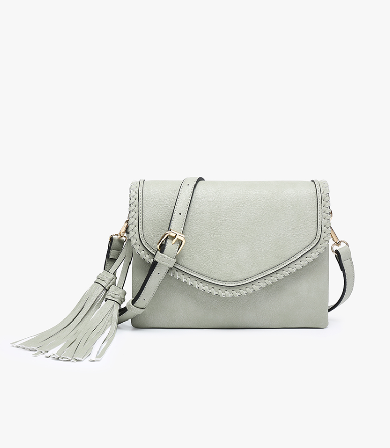 Sloane Flapover Crossbody w/ Whipstitch and Tassel: Lt. Sage