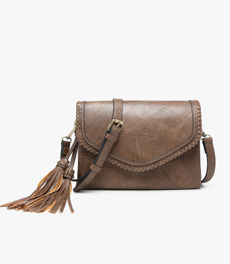 Sloane Flapover Crossbody w/ Whipstitch and Tassel: Coffee