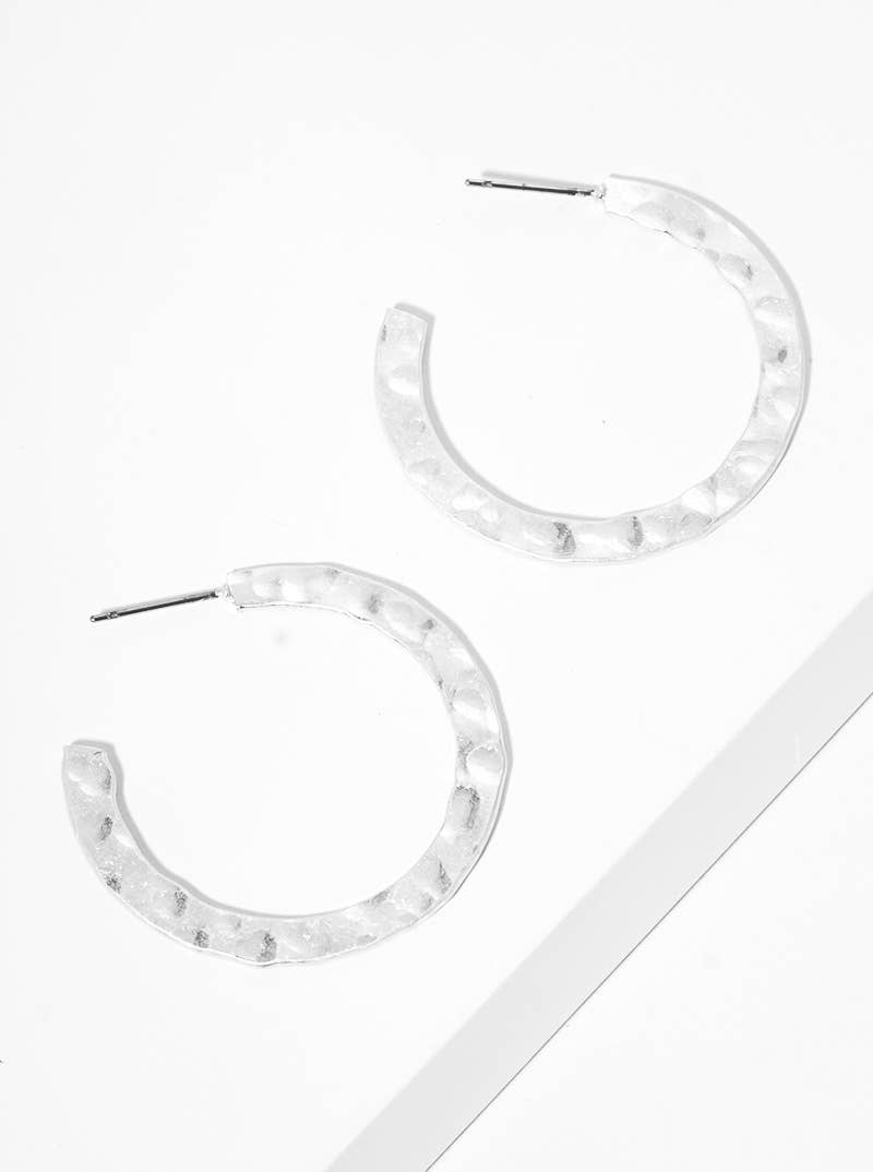 Hammered Flat Round Metal Hoop Earrings in Silver