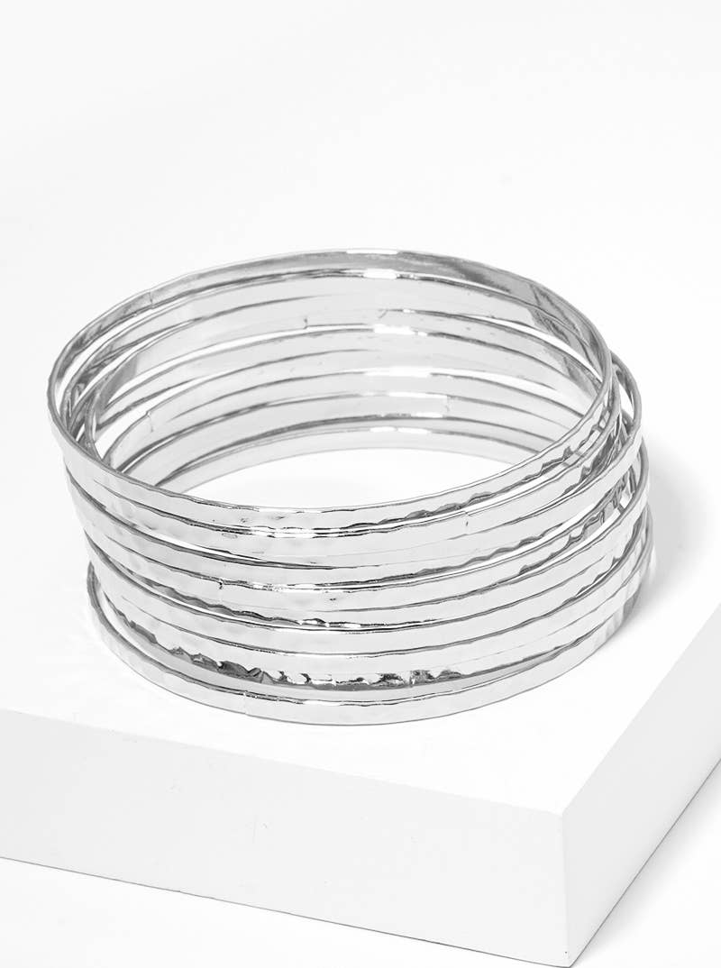 Hammered Metal Multi Bangle Bracelet in Silver