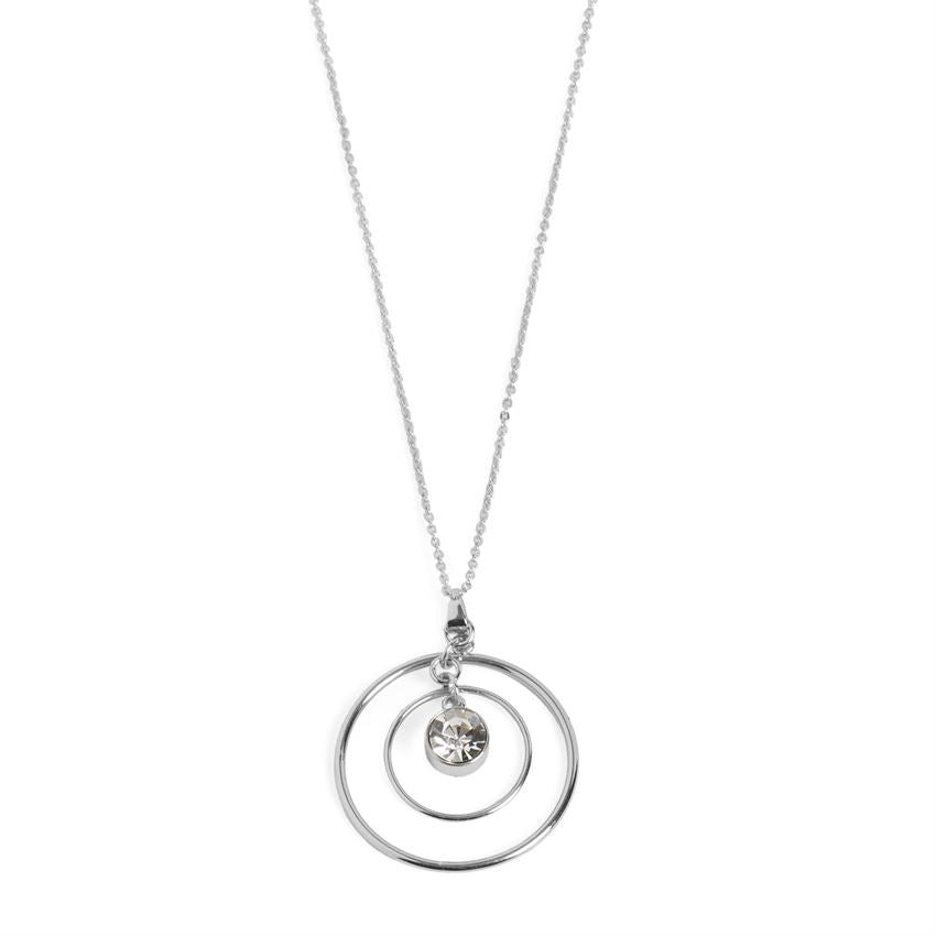 Double Circle with Stone Necklace in Silver