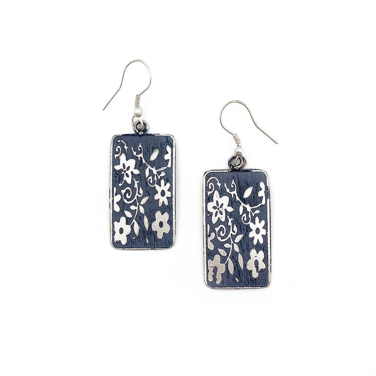 Silver Patina Earrings - Blue Small Floral Rectangle