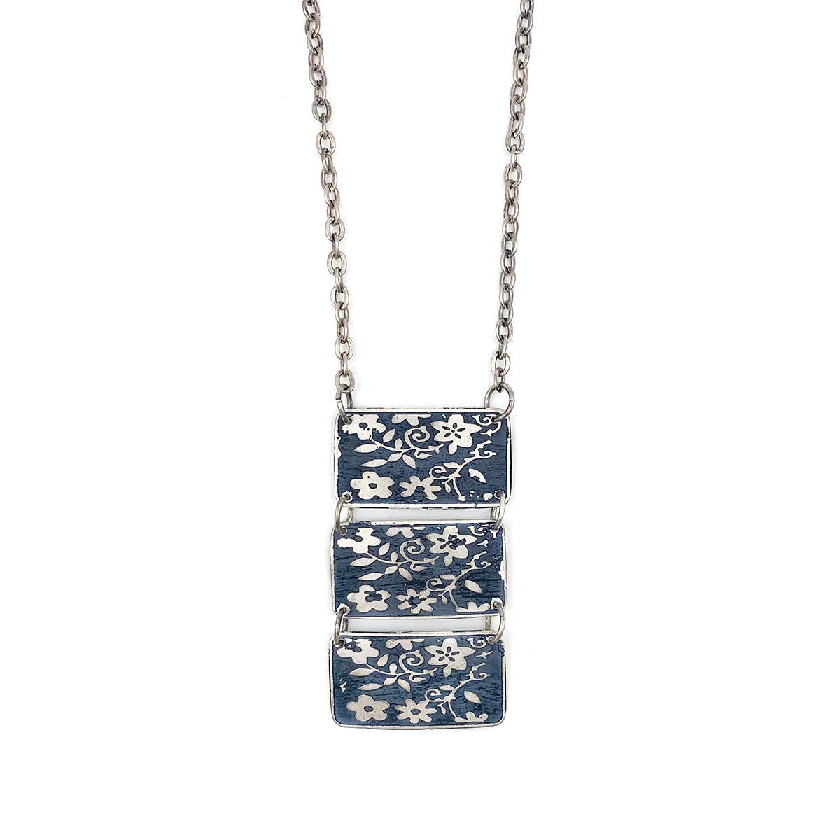 Silver Patina Necklace - Three Blue Rectangles