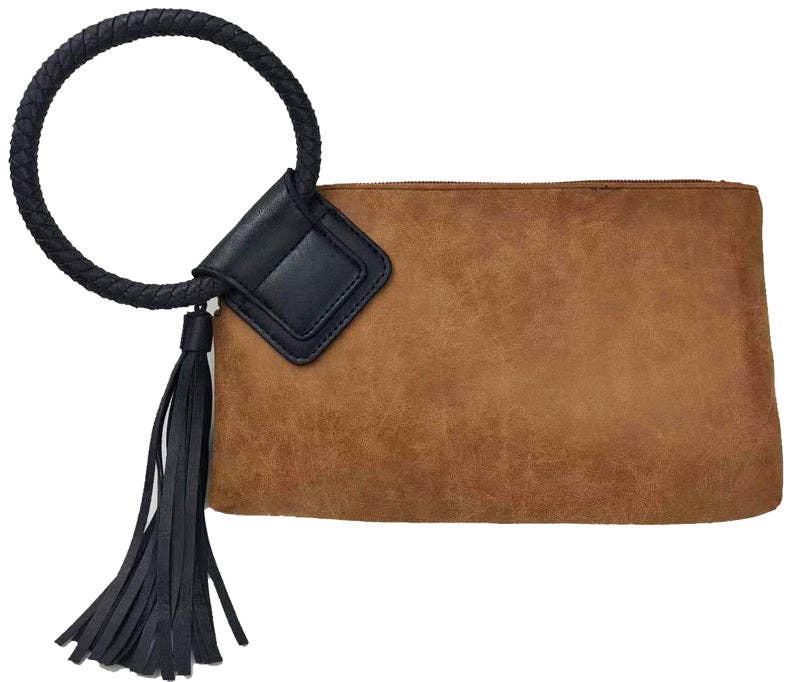 Cuff Handle Tassel Wristlet Clutch in Tan