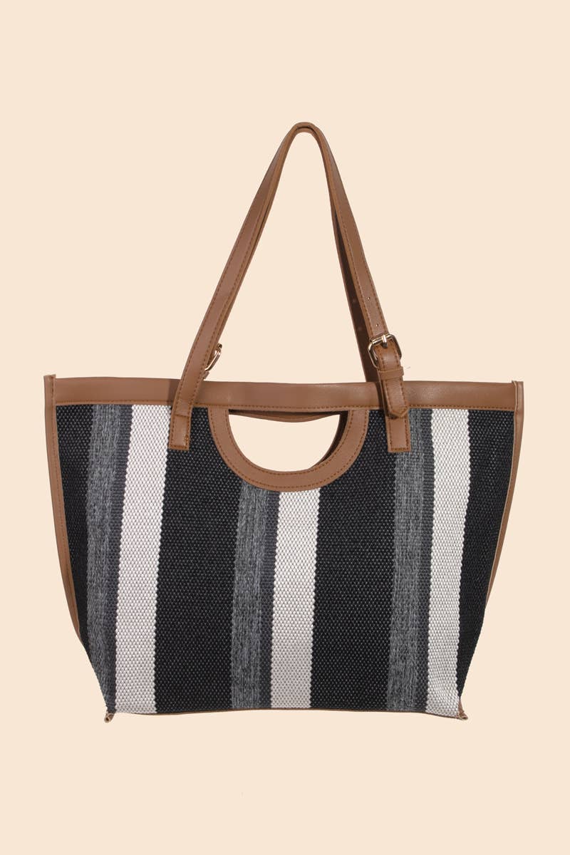 Striped Faux Leather Trim Tote Bag in Black