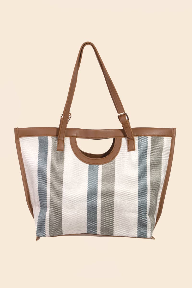 Striped Faux Leather Trim Tote Bag: MT